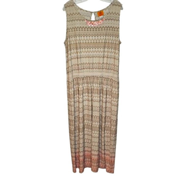 Ruby Rd Patterned Plus Size 1X Cream Tan Coral Sleeveless Stretchy Maxi Dress - Picture 1 of 12